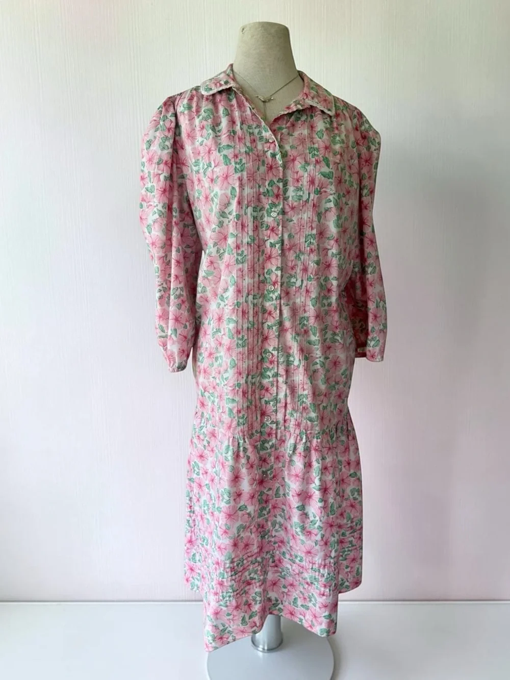 Vtg 80s  Models Coat Pink Floral XL House Dress Robe Puff Sleeve Sz L Cottage
